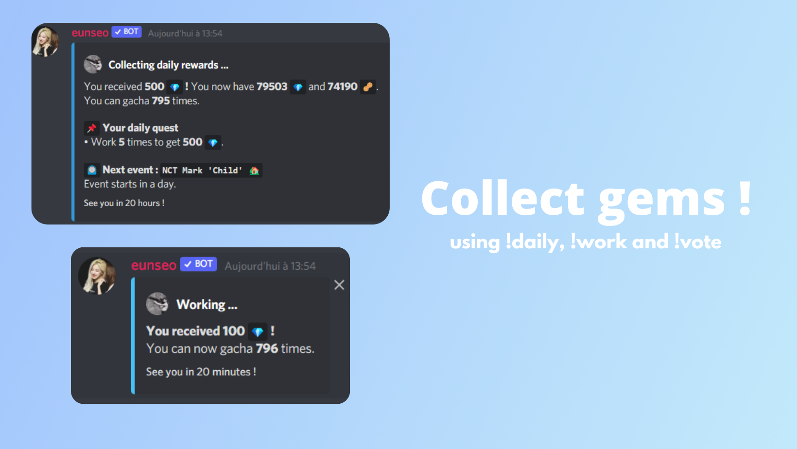 Collect the gems ‘daily’, ‘work’ and ‘vote’